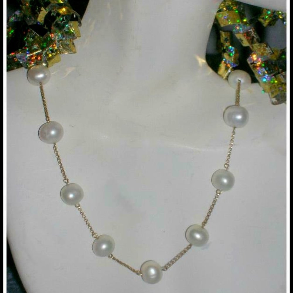 PETER BRAMS 14k SOLID Gold FW 7-7.5mm WHITE PEARL STATION 18" NECKLACE 19.4 g
